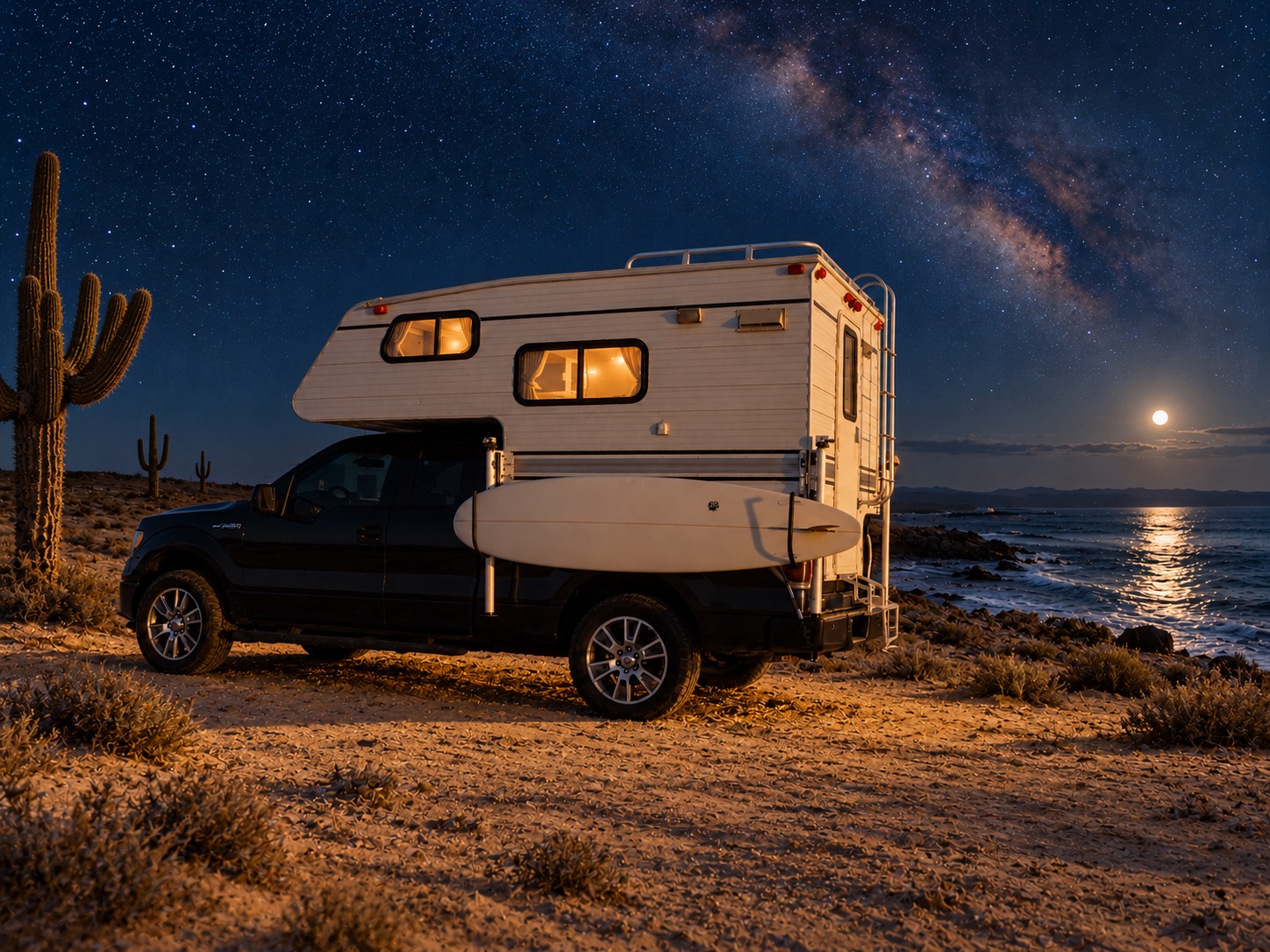 Camper illustration under a starry Baja sky