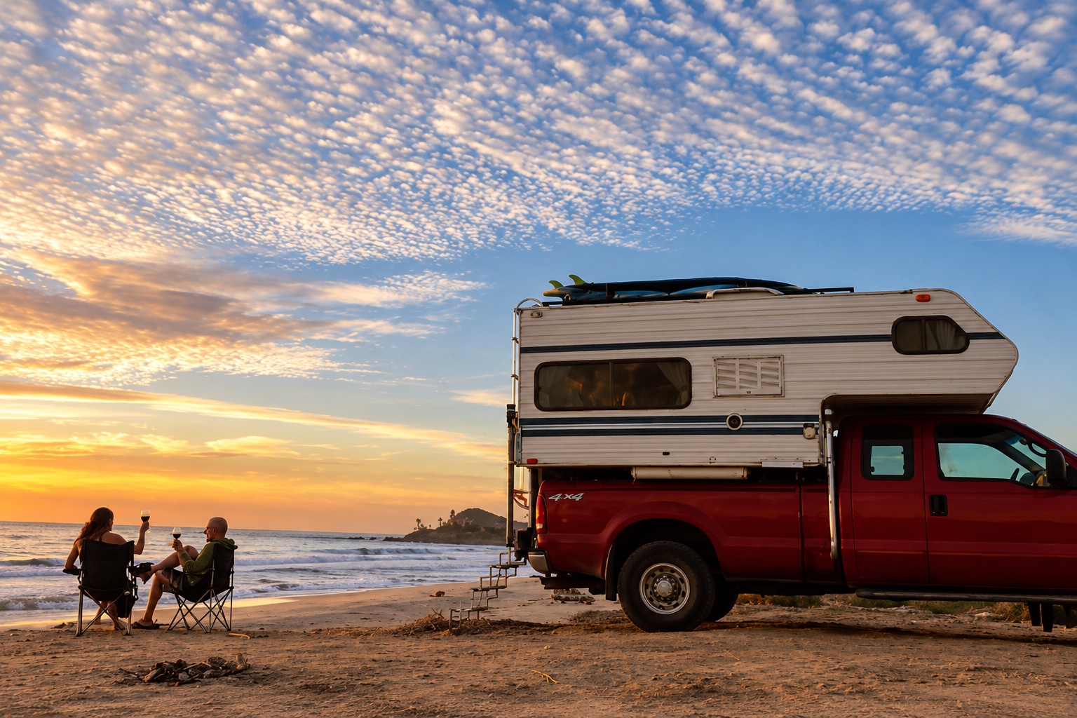 Relaxing beside our previous camper on the coast, 2021